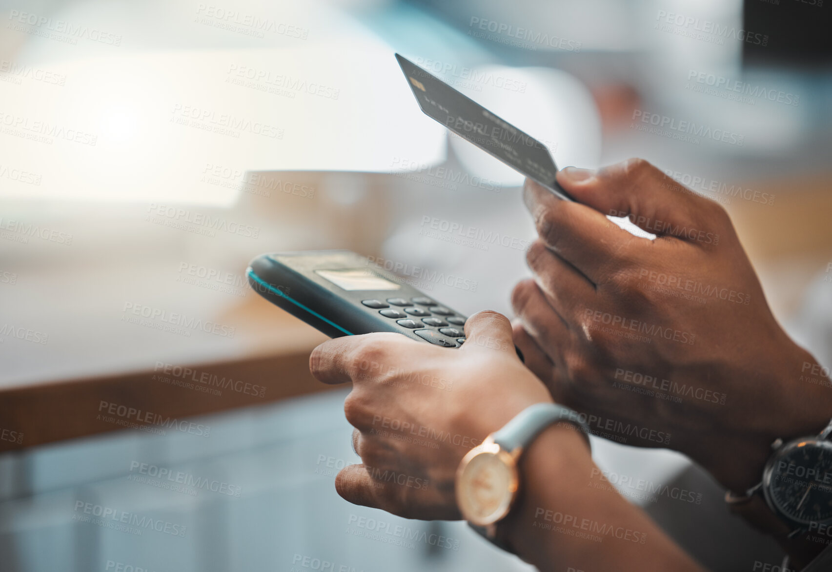 Buy stock photo Credit card payment by a retail customer paying using digital technology after getting money from the atm. Finance, security and hands of business people shopping, nfc and buying at store for a sale
