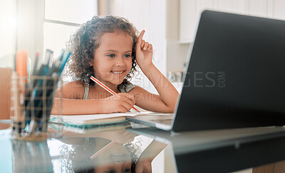 Buy stock photo School, learning and lesson for a little girl e-learning or online homeschooling using home internet and a laptop. An intelligent young child doing virtual self education on a website or app
