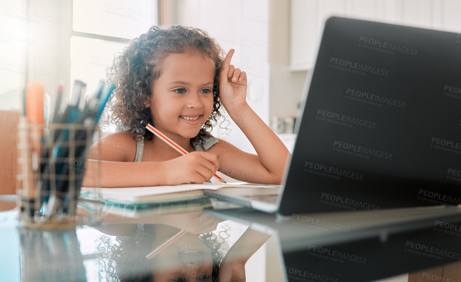 Buy stock photo School, learning and lesson for a little girl e-learning or online homeschooling using home internet and a laptop. An intelligent young child doing virtual self education on a website or app