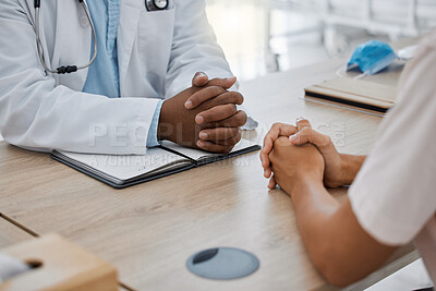 Buy stock photo Hands, healthcare and consultant of doctor talking to patient at a desk at the hospital or clinic. Medical, health or worker consulting insurance, test results and documents for medicine at work.