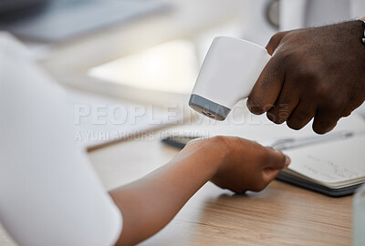 Buy stock photo Doctor checking wrist temperature of sick covid patient to test for fever, risk of disease or flu. Closeup on hands scanning with laser thermometer for healthcare and virus safety in medical hospital