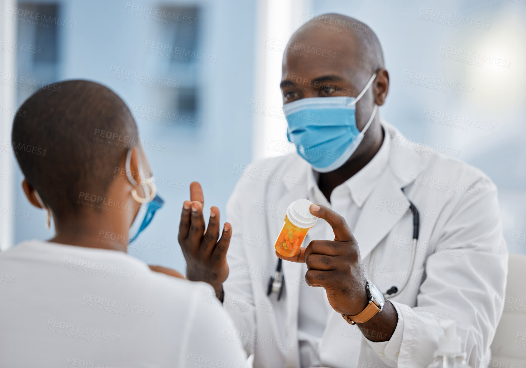 Buy stock photo Doctor with mask, covid patient and pills or medicine, drugs and treatment in medical consultation, checkup or visit. Talking, hospital consulting or sharing knowledge with woman in healthcare clinic