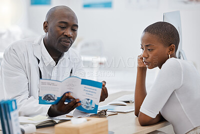 Buy stock photo Doctor, brochure and medical patient consulting about health while learning about healthcare at office desk. Man, GP and support communication for woman on safety from virus, disease or sickness.