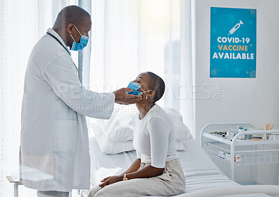 Buy stock photo Doctor with patient in covid face mask doing examination of thyroid or throat disease during medical checkup, visit or appointment. Insurance healthcare worker checking woman for swelling or covid 19