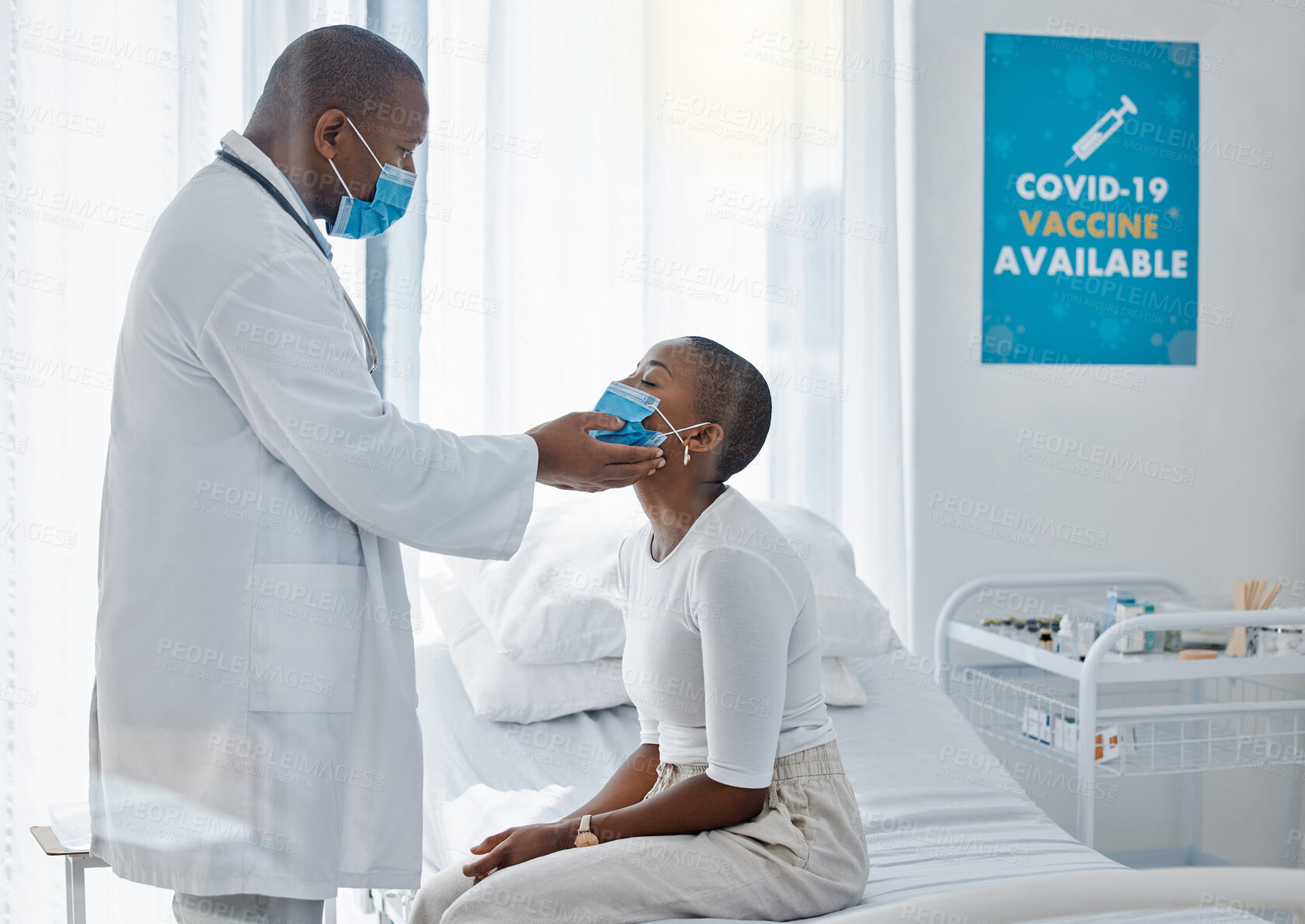 Buy stock photo Doctor with patient in covid face mask doing examination of thyroid or throat disease during medical checkup, visit or appointment. Insurance healthcare worker checking woman for swelling or covid 19