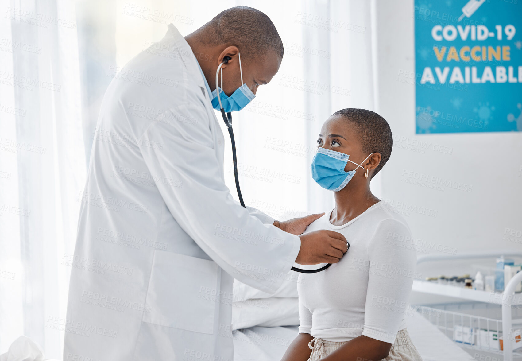 Buy stock photo Doctor listening to heartbeat of covid patient, breathing and lungs with stethoscope for healthcare checkup, test and consulting in clinic. Medical hospital with cardiology physician for tuberculosis