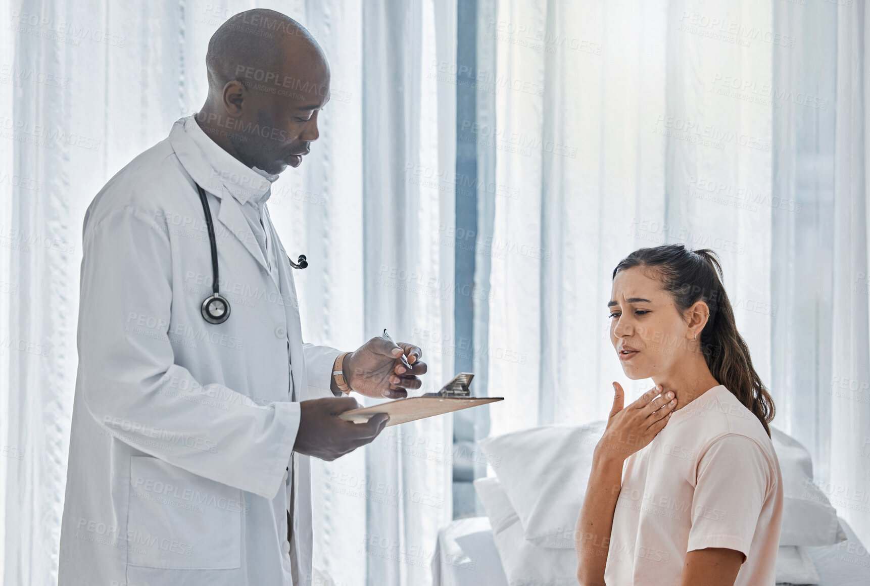 Buy stock photo Doctor, healthcare worker and medical professional consulting with sick patient at hospital, talking to person about thyroid diagnosis and giving advice at clinic. Woman getting medicine for flu