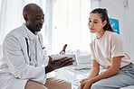 Tablet, woman consulting with doctor or medical healthcare worker on research, surgery or medicine. Communication, results and help from a working health care expert in a hospital for xray assessment