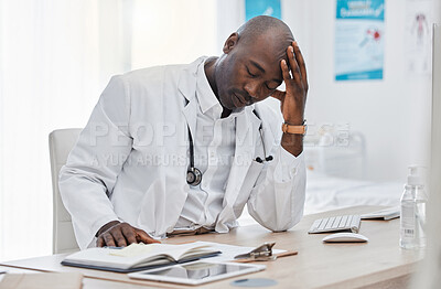 Buy stock photo Stress, anxiety and sad doctor, medical professional and healthcare worker with negative test results on technology. Thinking gp with burnout headache or bad news in clinic, hospital or health center
