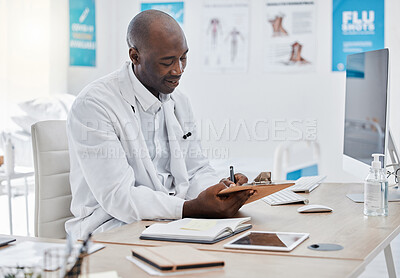 Buy stock photo Doctor working on schedule, planning date or medical note for diagnosis report in a hospital office. Healthcare expert doing paper work, checking records or writing signature on insurance document