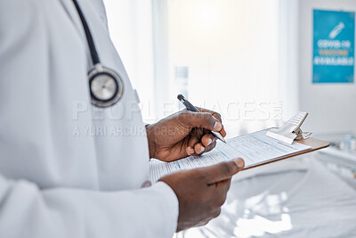 Buy stock photo Medical, insurance and doctor filling out patient history for diagnosis at the hospital. Healthcare professional working on clipboard with paper, consulting and writing health paperwork at a clinic.