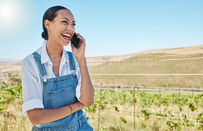 Buy stock photo Grape farm, vineyard and farmer on phone call with happy smile for good news or online success in countryside or agriculture industry. Sustainable female on cellphone making small business investment