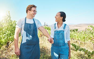 Buy stock photo Interracial couple farming on wine farm in nature, farmer on vineyard in natural environment for agriculture and green sustainable lifestyle in countryside. Sustainability and ecology in summer