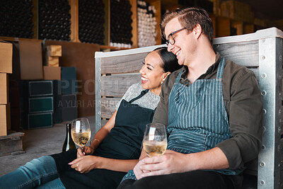 Buy stock photo Laughing friends, wine tasting and couple with happy smile bonding on countryside farm with drink glass. Interracial man, woman or industry worker people in environment vineyard restaurant distillery