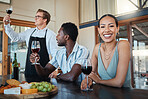 Couple and chef with glass of red wine tasting, alcoholic drinking and portrait at a luxury restaurant. Sommelier with best, fine or quality alcohol drink for food, culinary and hospitality industry