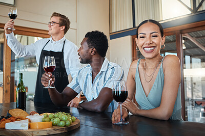 Buy stock photo Couple and chef with glass of red wine alcohol and happy drinking portrait at a luxury restaurant. Sommelier with best, fine or quality wine tasting drink for food, culinary or hospitality industry