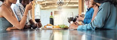 Buy stock photo Wine tasting and cheese platter with friends at a restaurant or estate in the winery in the agriculture or sustainability industry. Drinking alcohol with a group on a farm to drink or taste