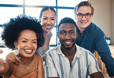 Buy stock photo Selfie, diversity and friends smile together for social circle picture at casual drink event. Support, respect and happy bond in friendly relationships and relaxing with people you care for. 