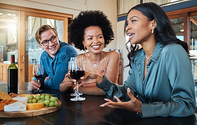 Buy stock photo Wine party, friends and happy birthday global luxury party with healthy organic fruit with cheese on a food table. Smile, diversity and young world people in discussion at a relaxed dining event 