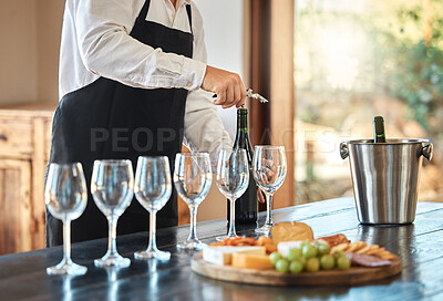 Buy stock photo Cheese and wine tasting, waiter service and farm restaurant.  Luxury date idea, fine dining experience, and alcohol glasses on table grapes food buffet and party celebration drink champagne pairing