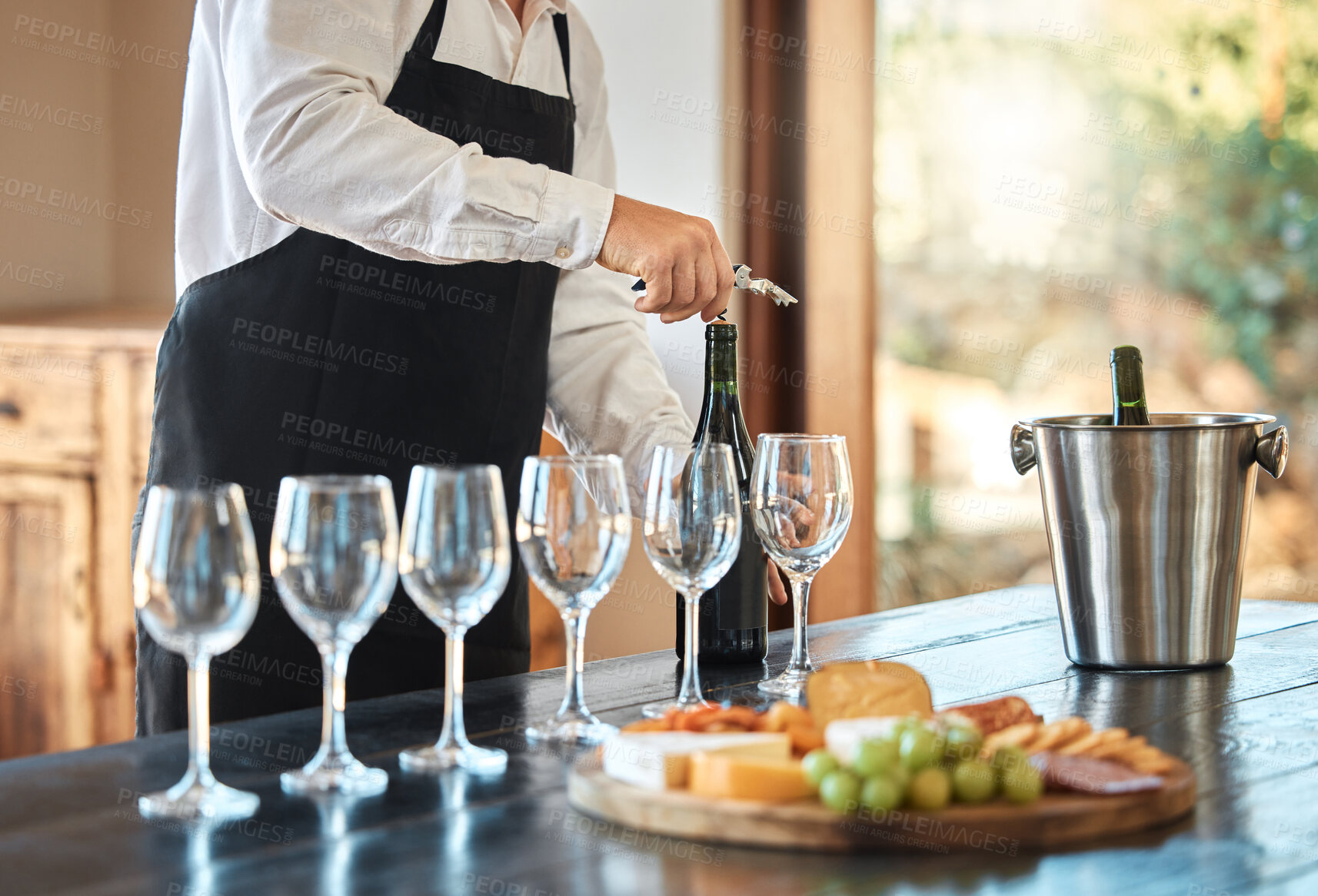 Buy stock photo Cheese and wine tasting, waiter service and farm restaurant.  Luxury date idea, fine dining experience, and alcohol glasses on table grapes food buffet and party celebration drink champagne pairing