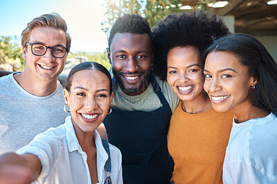 Buy stock photo Portrait of diverse friends taking a selfie, bonding and enjoying their freedom outdoors together. Young group having fun, smiling and looking happy on a weekend, hanging out and loving friendship 