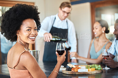 Buy stock photo Smile, luxury and wine tasting with woman and fine dining on countryside vineyard or restaurant hotel vacation with friends. Relax, holiday and enjoy with group of people on winery farm