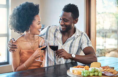 Buy stock photo Young couple celebrating with wine and cheers at resort, laugh and bonding on romantic date. Carefree, in love black girlfriend and boyfriend toasting, enjoying relationship, alcohol and conversation