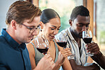 Diversity, luxury and friends wine tasting at a restaurant or vineyard, smelling alcohol in a glass together. Young carefree people bonding and having fun, enjoying a wine tour at a distillery 