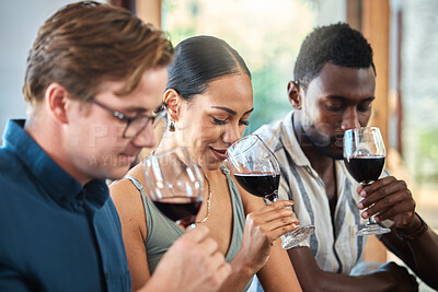 Buy stock photo Diversity, luxury and friends wine tasting at a restaurant or vineyard, smelling alcohol in a glass together. Young carefree people bonding and having fun, enjoying a wine tour at a distillery 