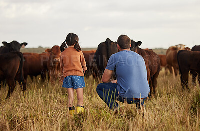 Buy stock photo Father and daughter bonding at a cattle farm, having fun and learning how to care for livestock. Parent and child enjoying outdoors in nature, looking at cows and talking. Farmer showing kid animals