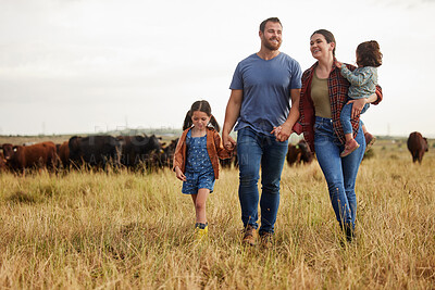 Buy stock photo Farmer family, cow farm and bonding mother, father and children on environment or countryside sustainability agriculture field. Happy people and kids walking by cattle for meat, beef or food industry