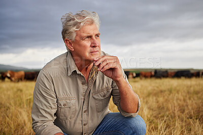 Buy stock photo Mindset of an agriculture farmer man thinking on farm with storm clouds in sky or weather for outdoor farming or countryside. Sustainability worker on grass field with a vision for growth development