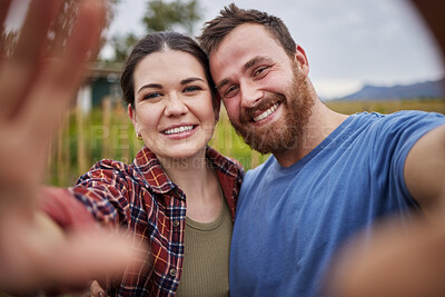 Buy stock photo Happy farmer selfie, couple or sustainability agriculture people with growth mindset, agriculture innovation or environment innovation. Man, woman or nature worker in countryside field smile portrait