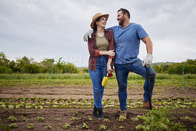 Buy stock photo Startup, success and agriculture, couple work farm together. Sustainability, teamwork and small business of sustainable food production. Happy farmer, man and woman work in growth, love and farming.