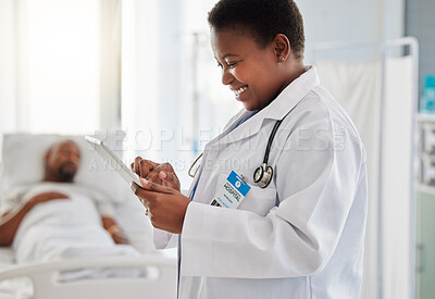 Buy stock photo Healthcare, insurance and doctor reading good test results or an exciting email on a digital tablet and feeling positive. Medical worker smiling due news of cure or treatment for her sick patient