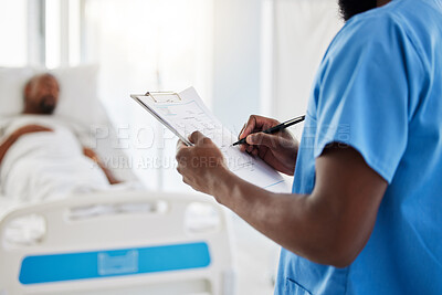 Buy stock photo Healthcare, insurance and hospital plan by medical intern writing and filling out form. Health care professional doing admin, keep record of sick patient medication and treatment in a hospital 