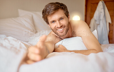 Buy stock photo Man reaching out hand in bed, sleeping in bedroom on vacation and being lazy on weekend. Portrait of male person with smile taking nap alone, model going to sleep at night and relaxing in morning