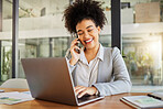 Business woman working on laptop in office, in conversation on phone and talking with people on smartphone at work. Happy corporate worker, employee and manager reading email at marketing company