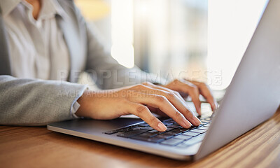 Buy stock photo Laptop, email and worker typing for marketing, advertising or documents planning in corporate office. Keyboard, project management and company business employee with administration review