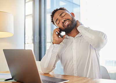 Buy stock photo Neck pain, muscle and work stress of a corporate man on a business call at a computer. Tired businessman worker with burnout anxiety working online on a internet finance risk report with a headache