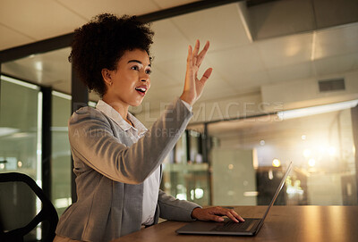 Buy stock photo Surprised, shocked and excited business woman by a virtual or digital screen in an office while typing on a laptop. A female employee working late at night is amazed by a hologram at the workplace