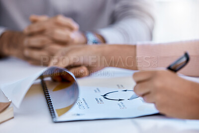 Buy stock photo Corporate, business hands and analytics in company development and documents, form or plan at the office. Employee or workers at hand together in paperwork for work goal structure, chart and cycle.
