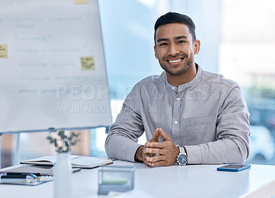 Buy stock photo Corporate, accounting and business man with a smile ready to work on financial success. Investment cash accountability, b2b growth and growth strategy of a happy finance worker  in a company office