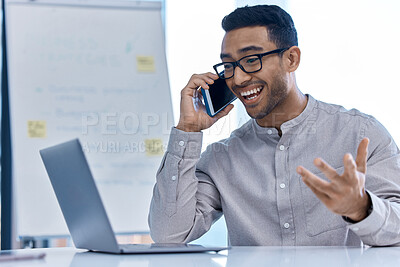 Buy stock photo Deal, good news and excited business man talking on a phone call and is happy for a successful plan. Joyful and surprised Latino male entrepreneur with a positive mindset on a mobile conversation
