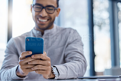 Buy stock photo Phone with good news for a happy and excited male entrepreneur reading online social media posts in the office. Business man texting and browsing the internet or using mobile app, web or website