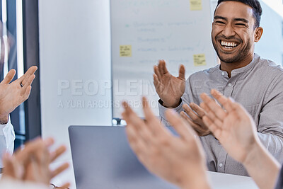 Buy stock photo Clapping, workshop or teamwork business meeting with happy creative marketing worker and office laptop. Diversity, motivation or planning innovation idea in success training or education presentation