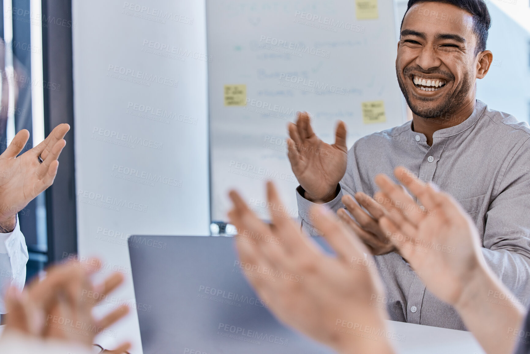 Buy stock photo Clapping, workshop or teamwork business meeting with happy creative marketing worker and office laptop. Diversity, motivation or planning innovation idea in success training or education presentation