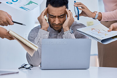 Buy stock photo Stress, overworked and pressure for a business man with financial debt, bankruptcy or tax issues in an office. Burnout, mental health or male Latino entrepreneur with headache and feeling frustrated
