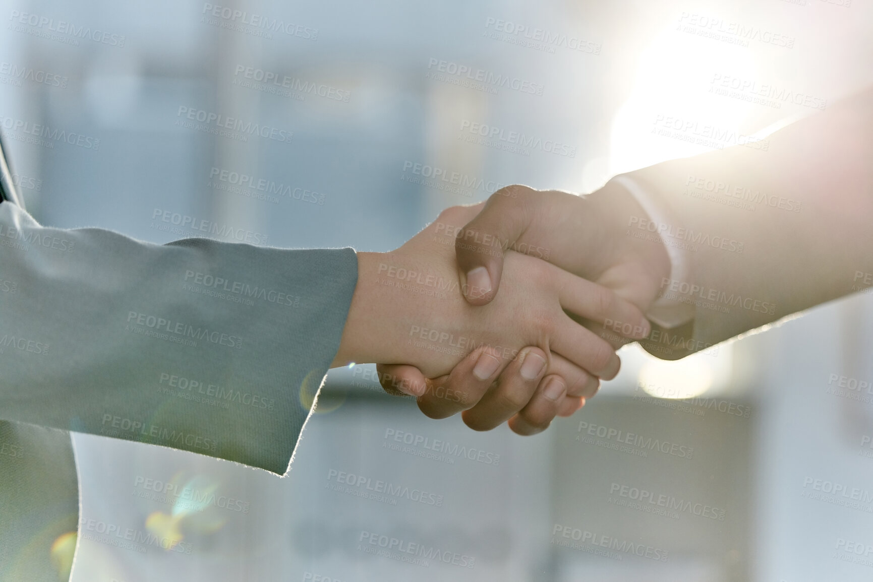 Buy stock photo Handshake, greeting and meeting business people in an agreement or partnership in unity, trust and support. Closeup of corporate professionals hands in collaboration or thank you gesture